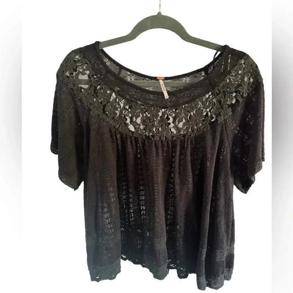 Free People Dandelion Pointelle Knit Blouse Black Lace Top - Picture 3 of 7